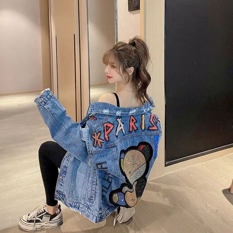 Fashion Bear Denim Jackets Women Casual Loose Hot Diamond Heavy Industry Jean Coat Spring Autumn Trendy Design Oversized Jacket