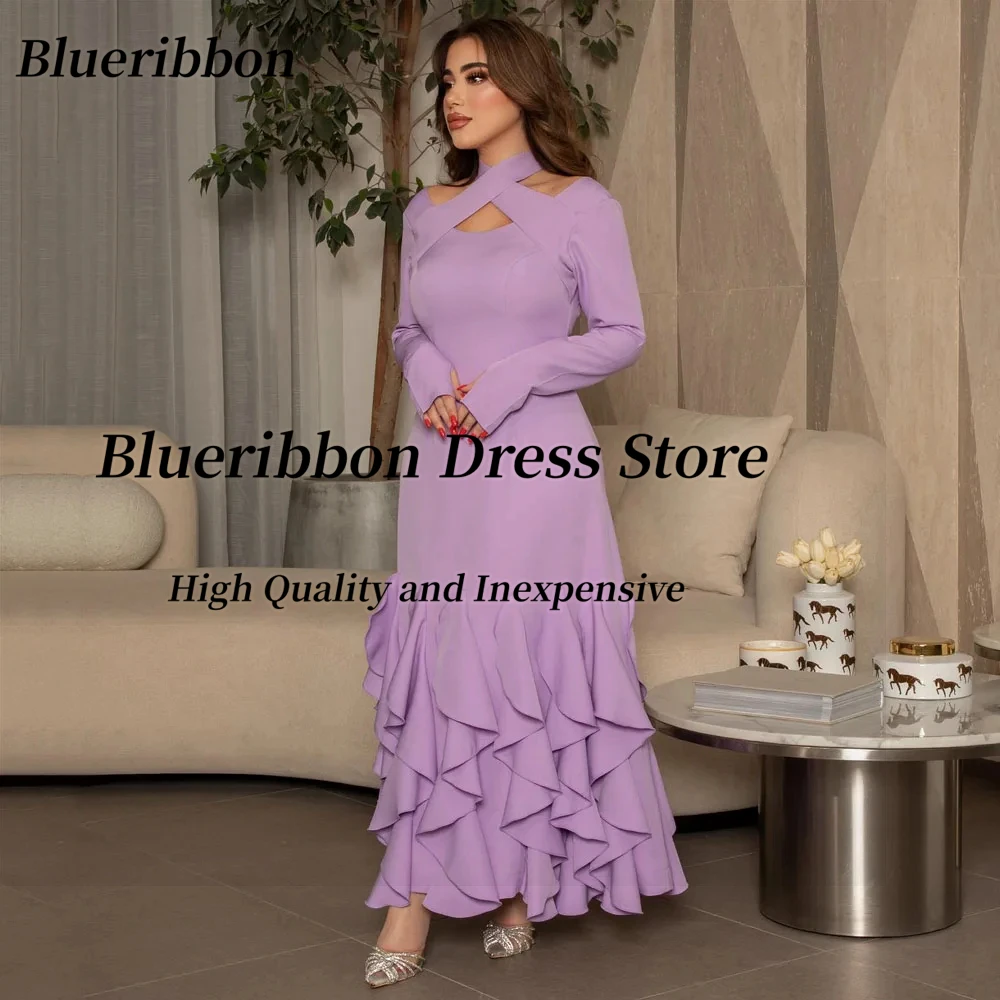 

Blueribbon Customized فساتين سهرات Halter Neck Prom Dresses Long Sleeves Evening Dress Ruffles Saudi Party Gowns