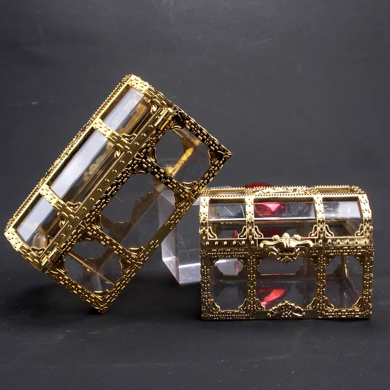 Retro Treasure Chest Jewelry Boxes Pirate Treasure Gold Coin Case Women Ring Earrings Storage Transparent Display Box Organizer