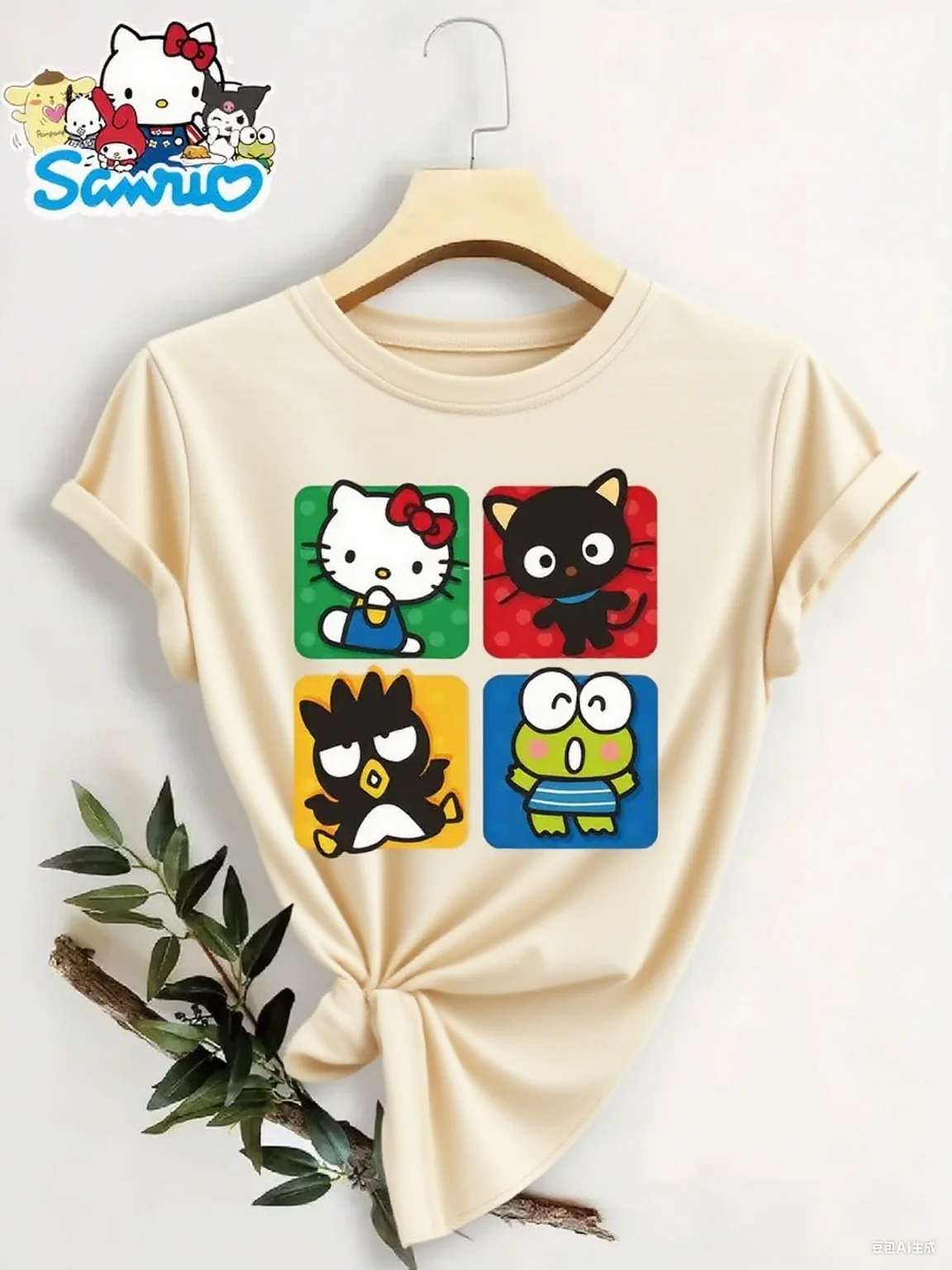 

Повседневная футболка из чистого хлопка с принтами персонажей Sanrio Hello Kitty The Black Cat Badtz Maru и Keroppi в разноцветных квадратах