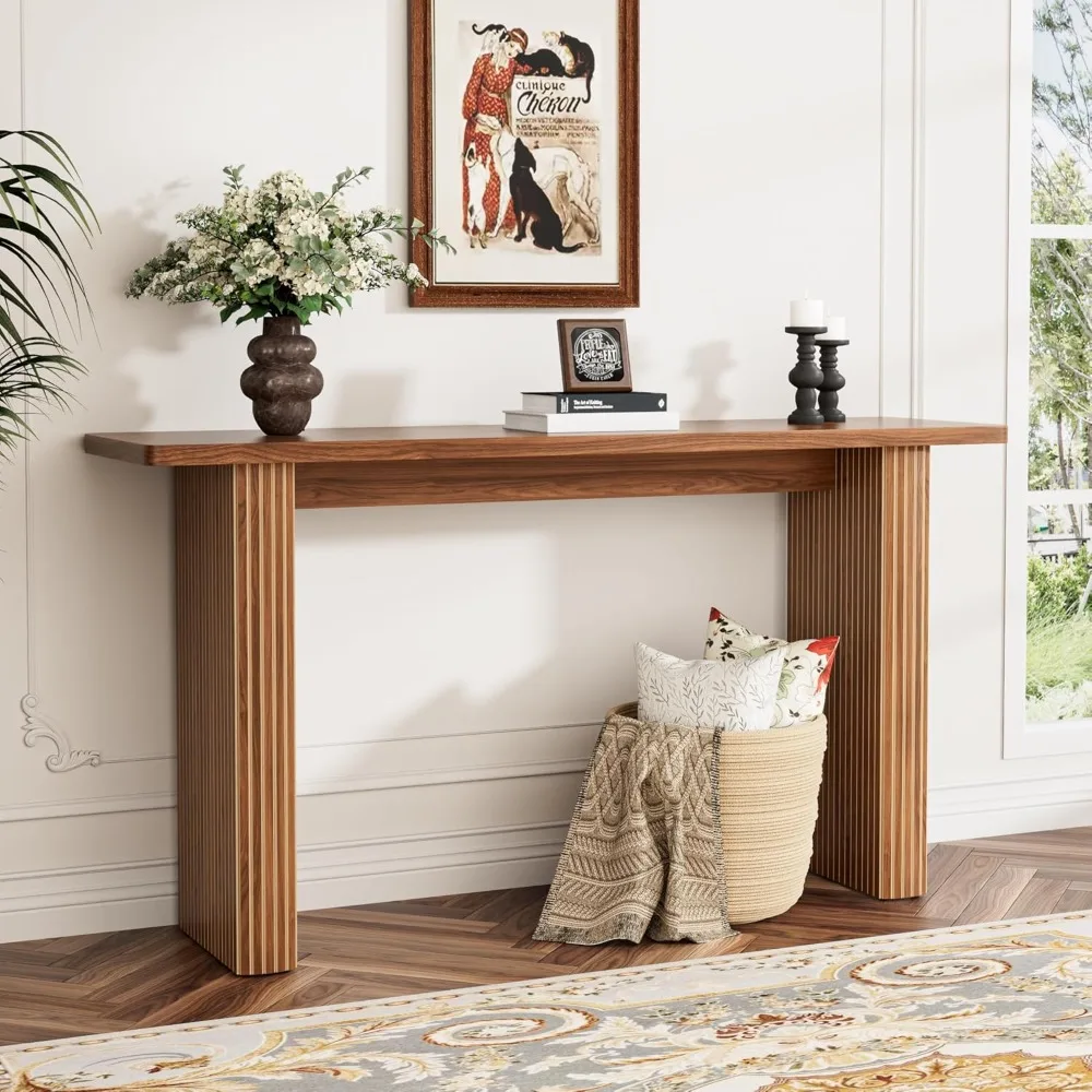 Geriffelter langer Konsolentisch 60 Zoll, Sofatisch aus Holz hinter der Couch, moderner schmaler Eingangstisch aus der Mitte des Jahrhunderts