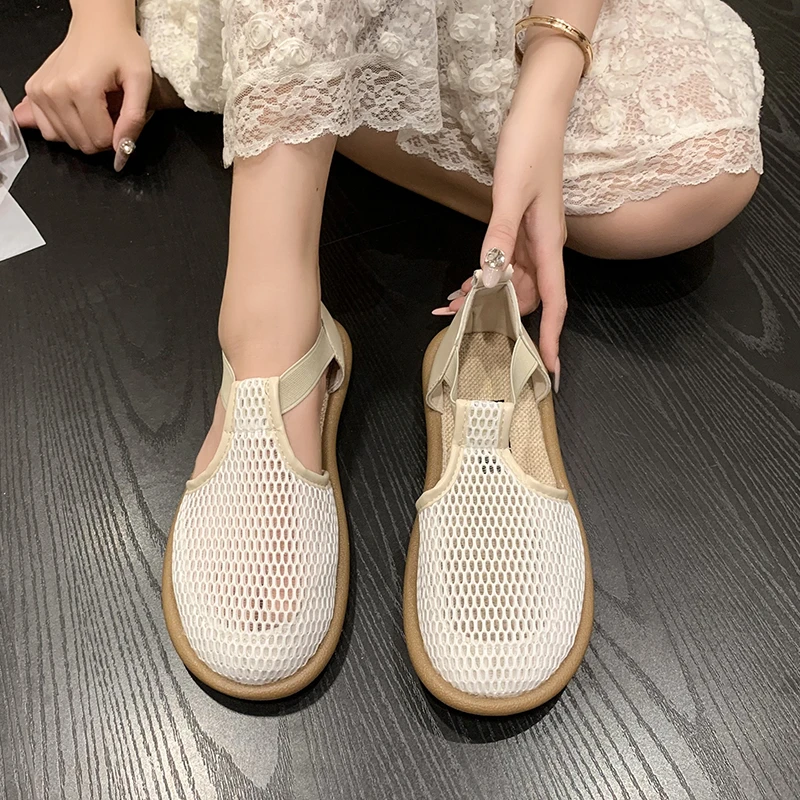 2023. Sandały damskie Hollow Breathable Mesh Shoes Retro Style Flat Bottom Fisherman Casual Shoes Round Toe Soft Sole Female Shoes