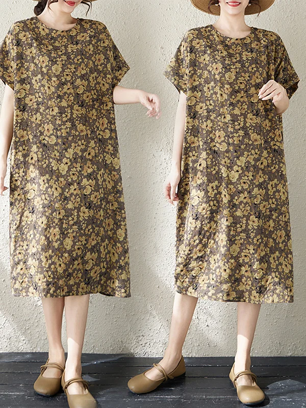 

Summer New plus Size Women's Cotton Linen Short Sleeve Midi Dress Printed Loose Fit Citywalk Artistic Style Thin Fabric Dress