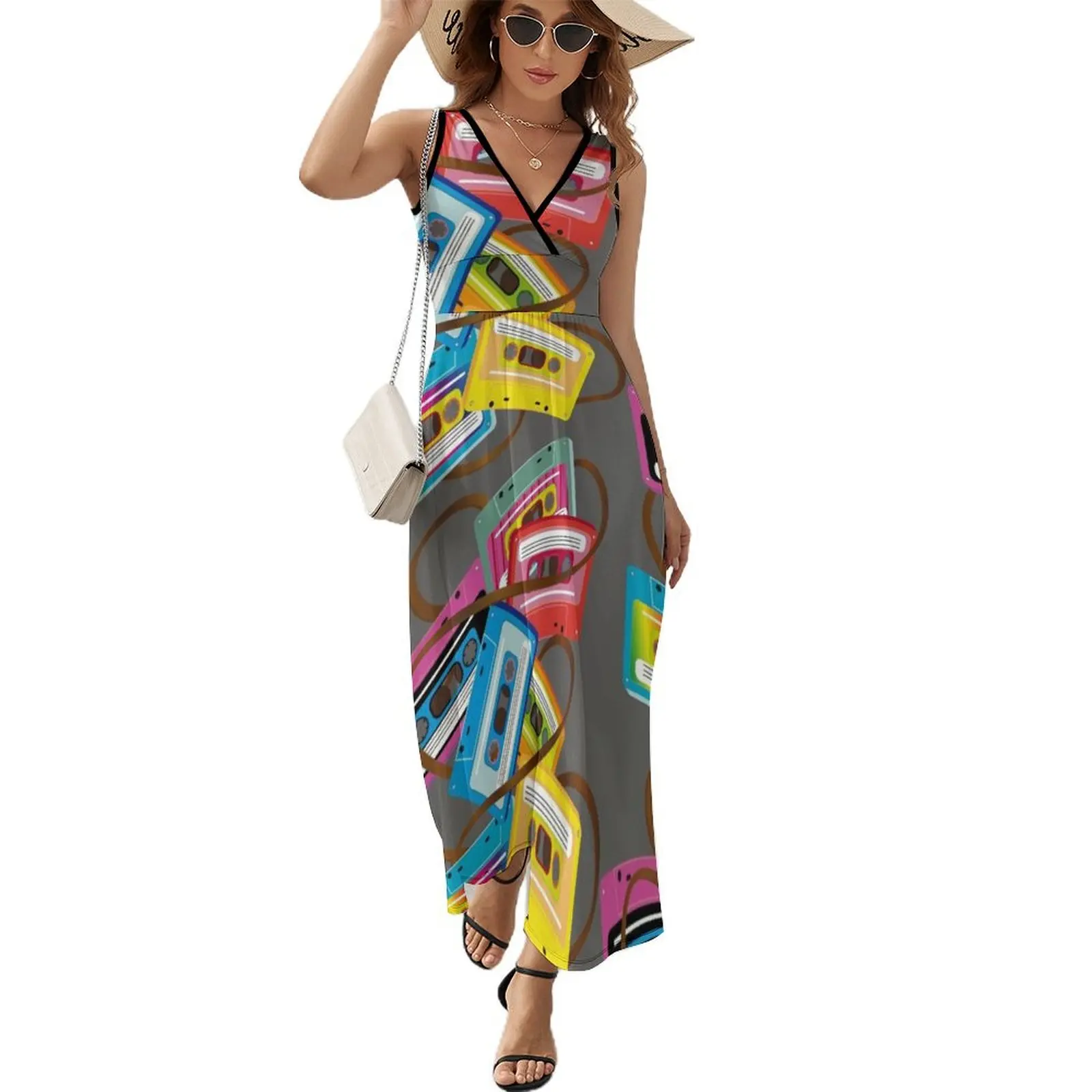 

colorful 80s music cassettes with band salad Sleeveless Dress Beachwear Woman's evening dress