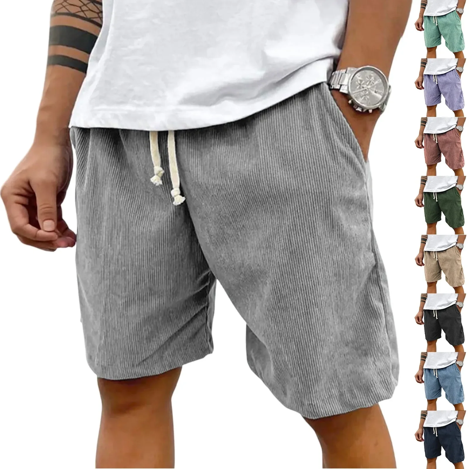 Vintage Cargo Shorts Men's Summer Trendy Retro Corduroy Short Pants Men's Casual Solid Color Shorts Sports Breathable Sweatpants