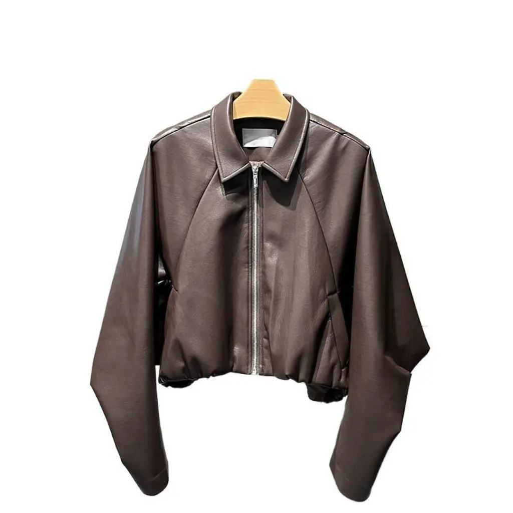

Women's Fashion Spring Korean Style Casual Bat Sleeve Short Coat Lapel Leather Jacket All-match Design