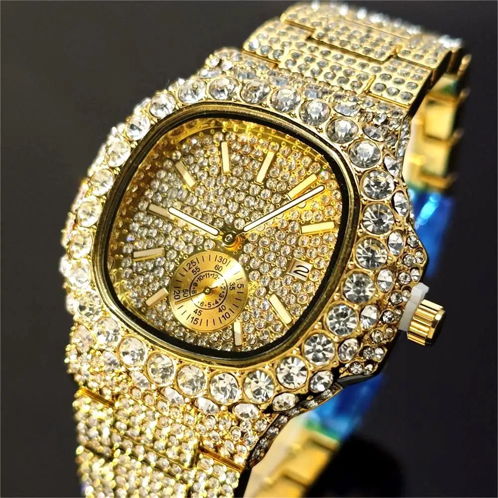 UNIGUET Luxury Gold Watch for Men Fashion Big Diamond Bling Watches Mans Hip Hop Iced Out AAA Jewelry Wristwatch Gift 2024 Hot