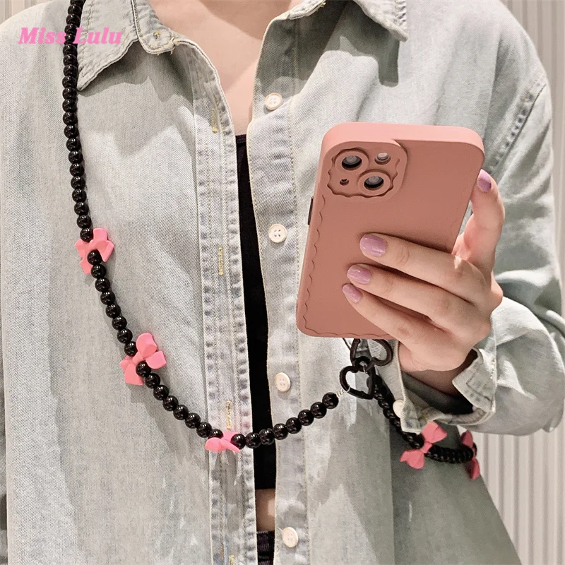 Cute Heart Beaded Bracelet Phone Strap Bowknot Handmade Hanging Long Chain Woman Girl Bag Camera Pendant for Airpods Cases