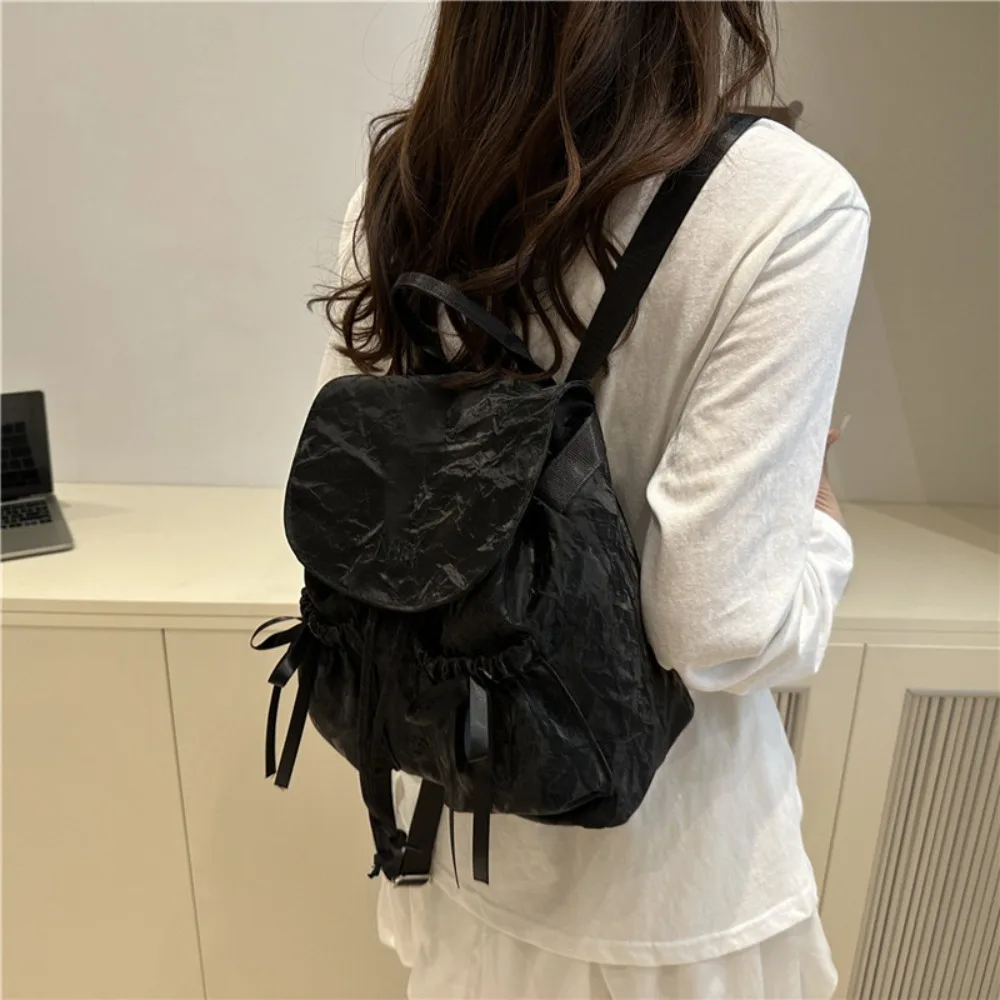 

Fashion Cute Knot Women's Backpack Drawstring Solid Color Students Bookbag Large Capacity Travel Bag Travel