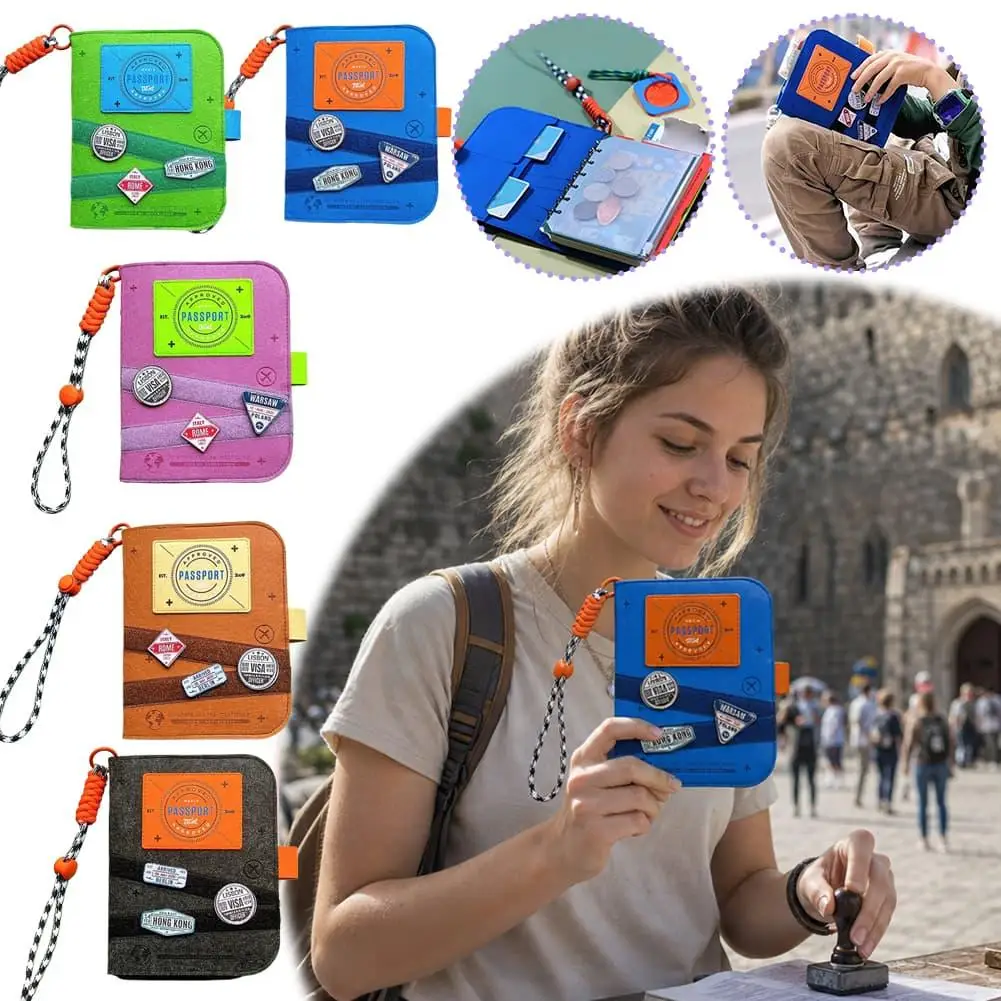 Vintage Felt Travel Stamp Collection Book Refillable Travel Journal Notebook With Wrist Lanyard Decor Patches Compact Portable