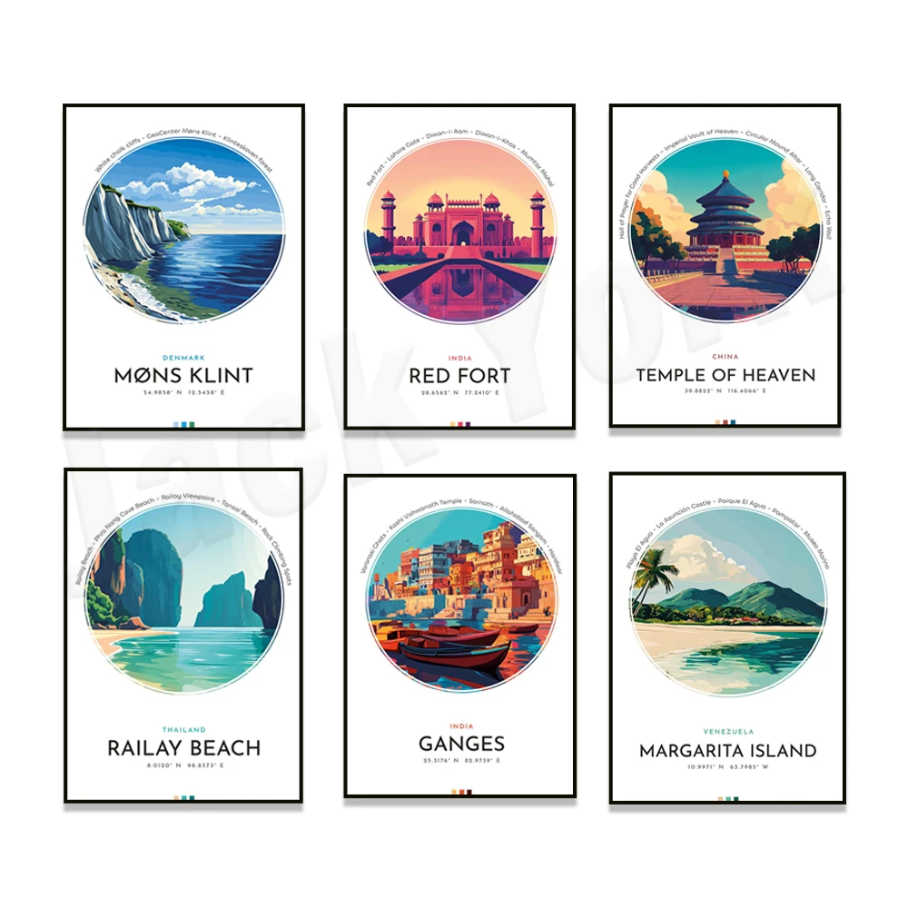 

Travel posters of Taj Mahal, Ganges River Venezuela, Pearl Island Panama, Railay Beach, Semuk Champé Guatemala, Monsklint Denmar