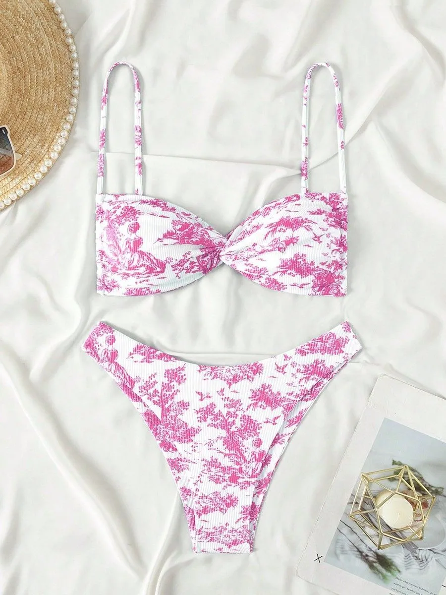2025 Women's Pink Floral Micro Bikini Set High-End Beach Swimwear with Adjustable Ties Summer Holiday Floral Swimwear Outfits
