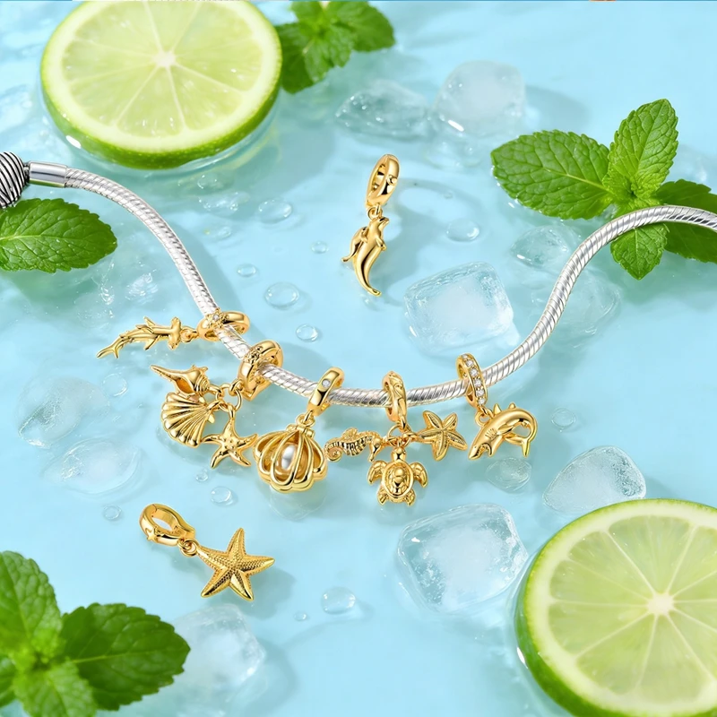 2026 Sommer Charms Perlenanhänger 925 Sterling Silber Ozeanperle Fisch Muschel Schildkröte Charm passend für Armband für Damen DIY Schmuck Geschenk – Detail 3