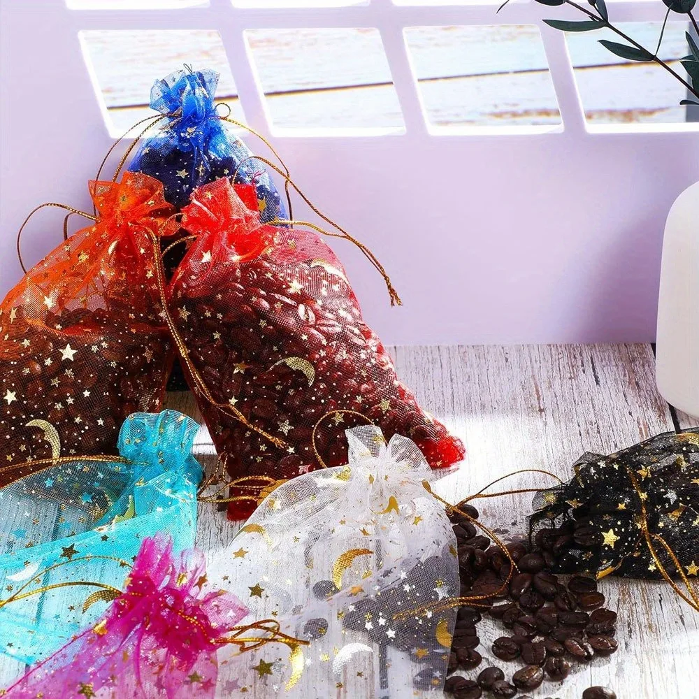 7/19/38 قطعة أكياس شبكية متعددة الألوان على شكل نجمة قمر، حقائب مجوهرات، للهالوين، عيد الشكر، الزفاف، ديكور الحفلات، حقائب الهدايا