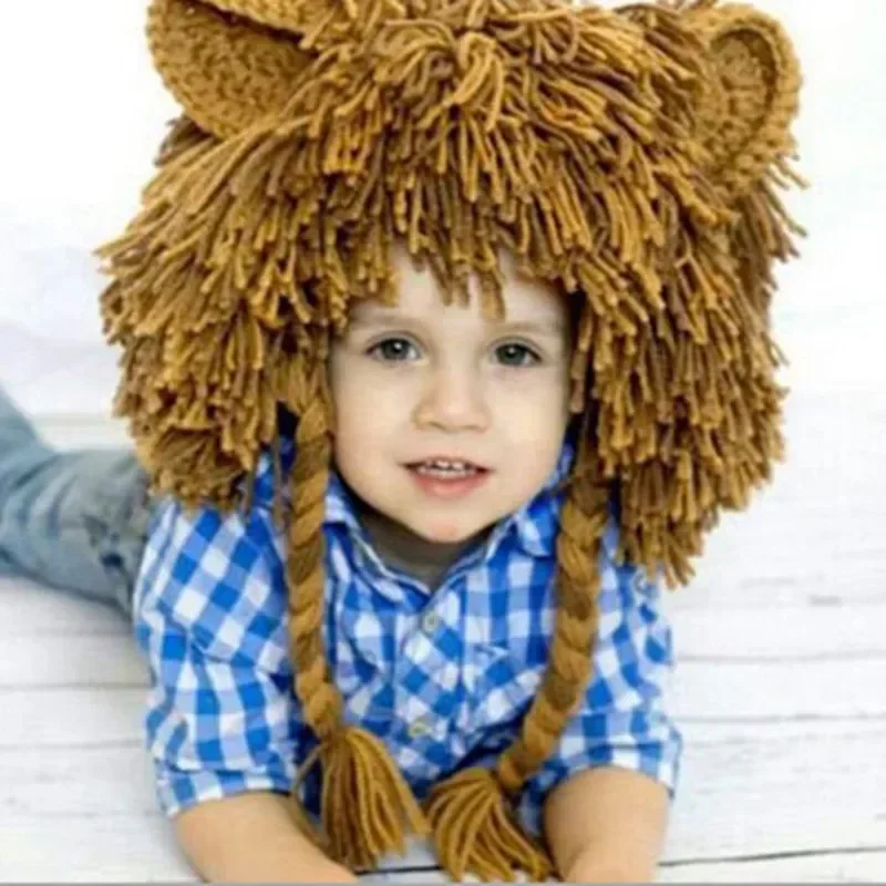 Funny Lion Children Baby Hat Hair Wig Cap Winter Warm Woolen Yarn Knitted Crochet Kids Hats and Caps Dress Up Photography Props