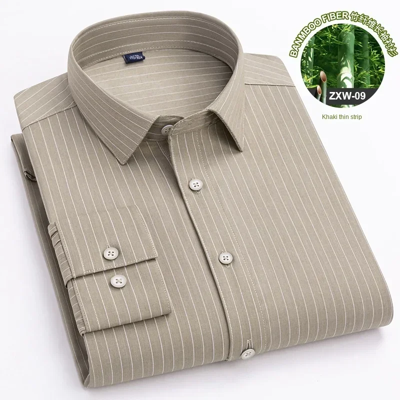 

Men's bamboo fiber long sleeved shirt, middle-aged and young business casual stripes, no iron stretch shirt, large size