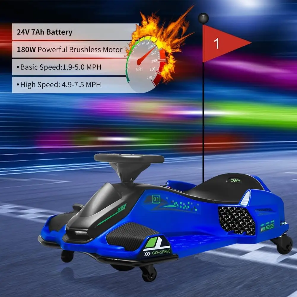 24V Ride on Drift Car,7Ah Battery 180W Brushless Motor Kids Electric Drifting Go-Kart for Rider up to 110 lbs, with Music,Lights