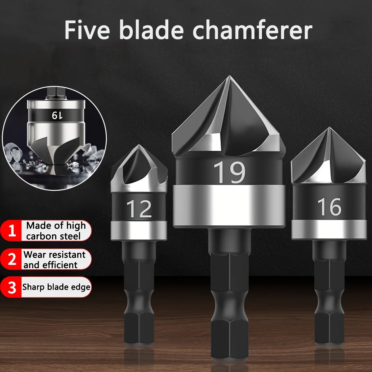 

3 PCS 5 Flute 90 Degree HSS Chamfering Tool Bit Countersink Drill Bit Set for Metal Wood Plastic Woodworking Metal Bit Set