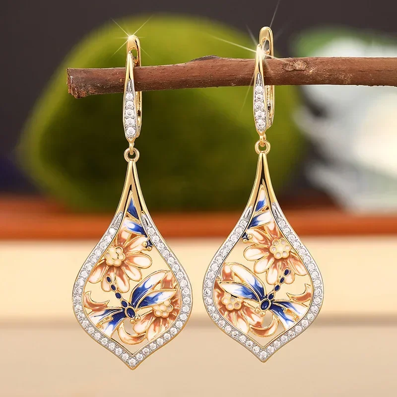 2026 New Flower Dragonfly Painted Oil Earrings for Women, Handmade Enamel High-end Exquisite Chinese Countryside Accessories