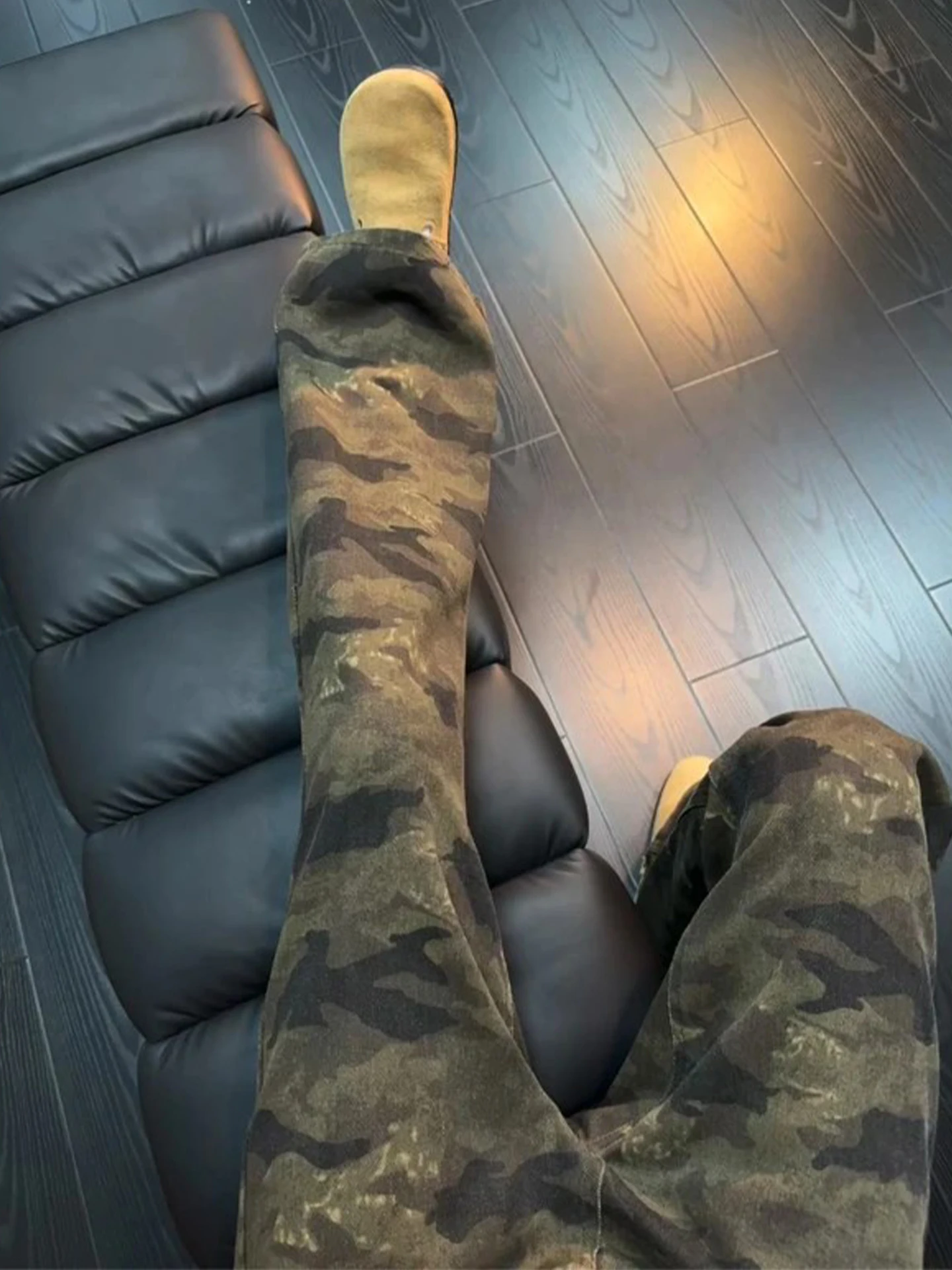 

American Retro Camouflage Fce Lined Slim Fit Jeans Men's Winter High Street Workwear Straight Leg Micro Flared Trousers