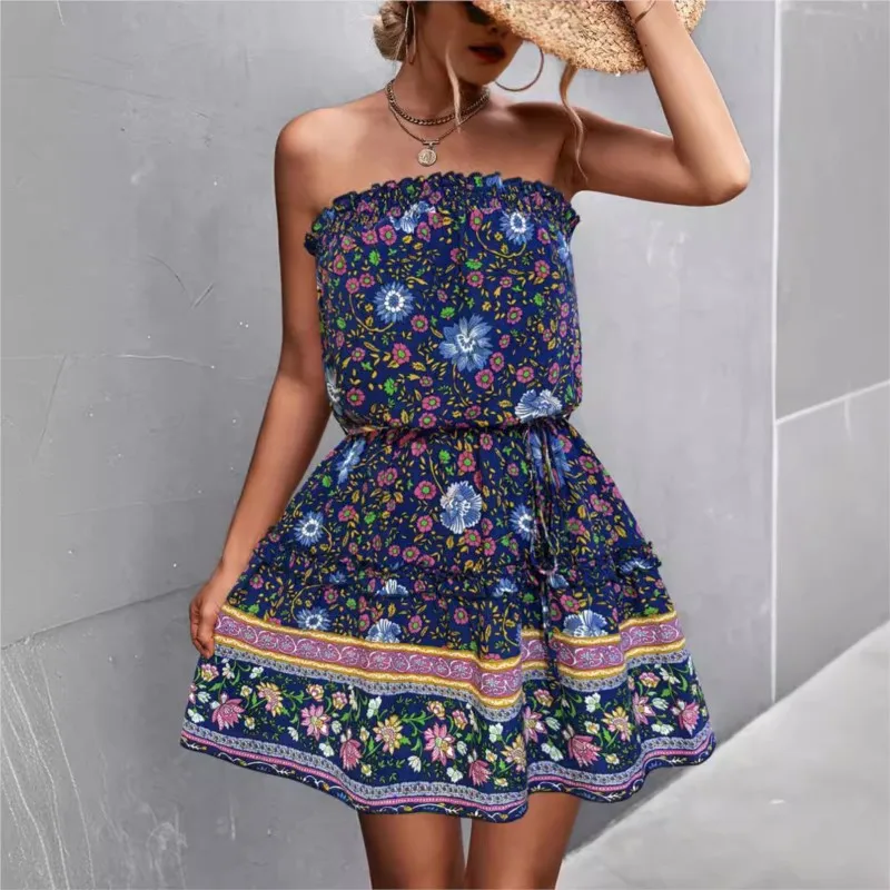 Spring And Summer New Women's Bohemian Floral Ragtag Strapless Dress Without Collar Or Sleeves Mini A-line Skirt With Patchwork