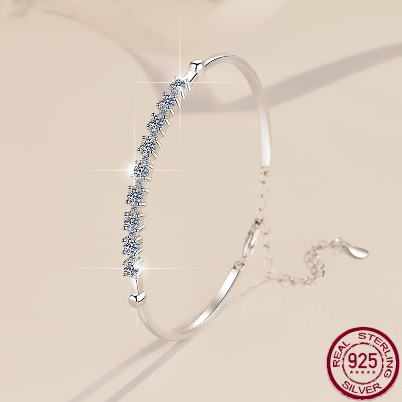

New S925 pure silver bracelet with one word fashion jewelry moissanite bangle for women's wedding jewelry