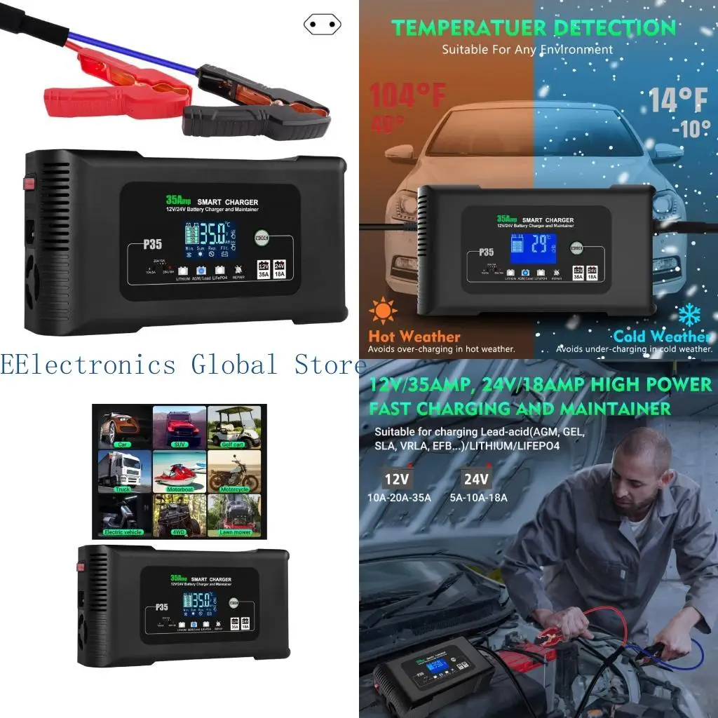 

462B 35A Automatic 12V 24V Car Battery Charger Maintainer For Automotive Marine Lithium Batteries With Pulse Reconditioning