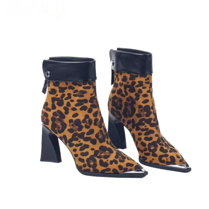 Leopard Women Ankle Boots Sexy High Heels Pointed Toe Shoes Chunky Woman Trend Elegant Party Pumps New Fad Mujer Chelsea Botas