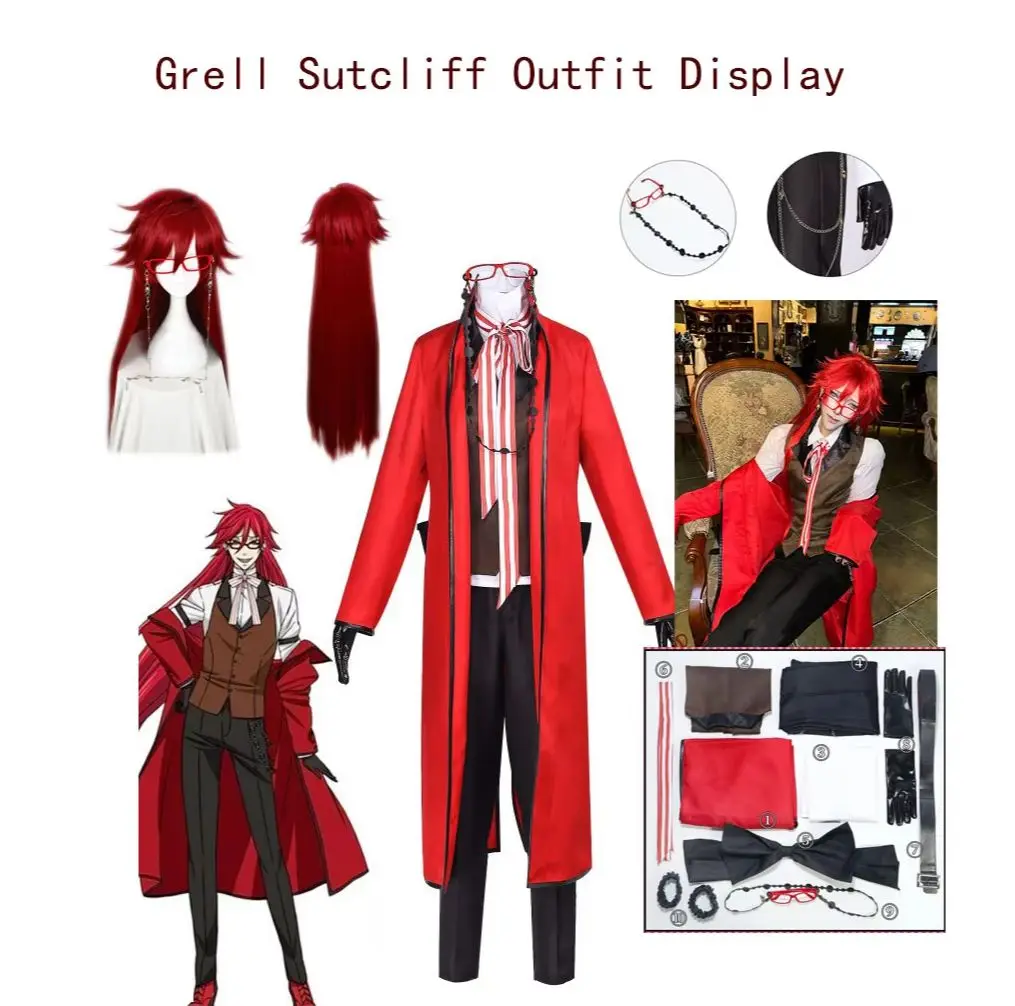 Kostium cosplay Grella Sutcliffa z Black Butler, peruka, mundury, anime cosplay, impreza halloweenowa, unisex, fantazyjny czerwony garnitur, okulary.