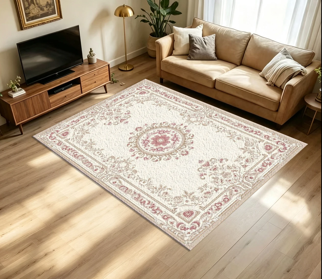 Elegant European Pink Floral Medallion Carpet Flooring Vintage Cream Base Ornate Border Printed Floor Rug for Household Room Home Ornament