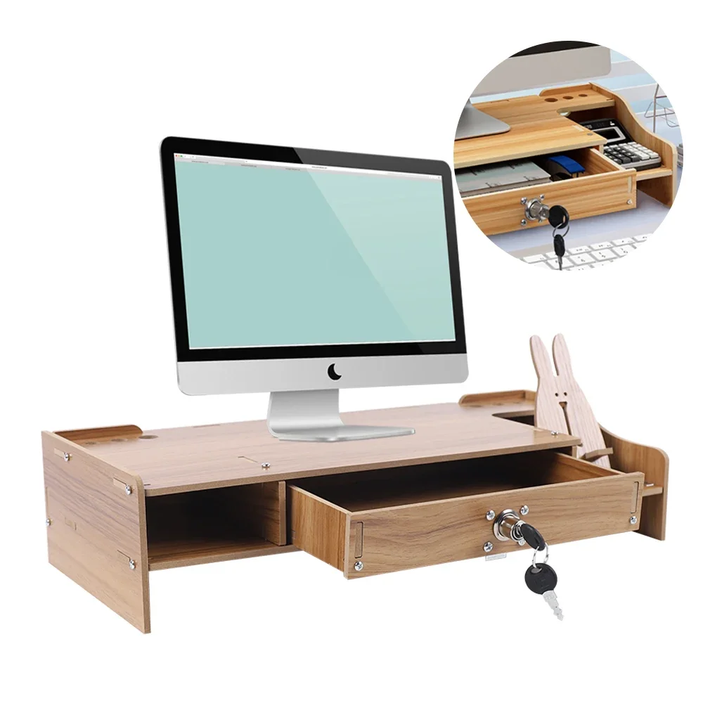 Wooden Desk Organizer W/ Drawer File Storage Desk Monitor Riser Computer Stand