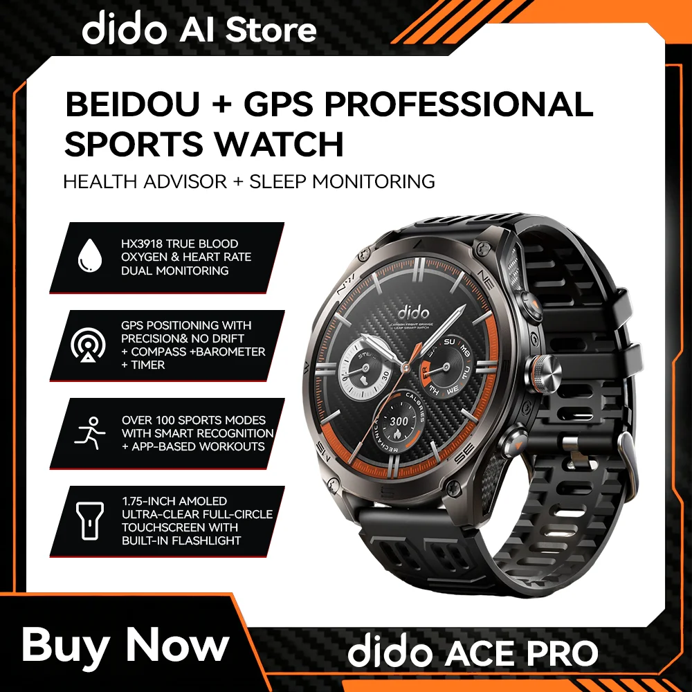 Dido AI Ace Pro GPS  Bluetooth Smartwatch 1.75" AMOLED IP68 Waterproof Heart Rate Blood Oxygen Monitor Outdoors Smart Watches
