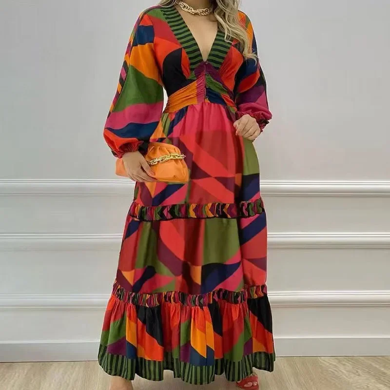 2023 African Dresses for Women Spring Summer African Long Sleeve V-neck Polyester Printing Long Dress African Maxi Dress