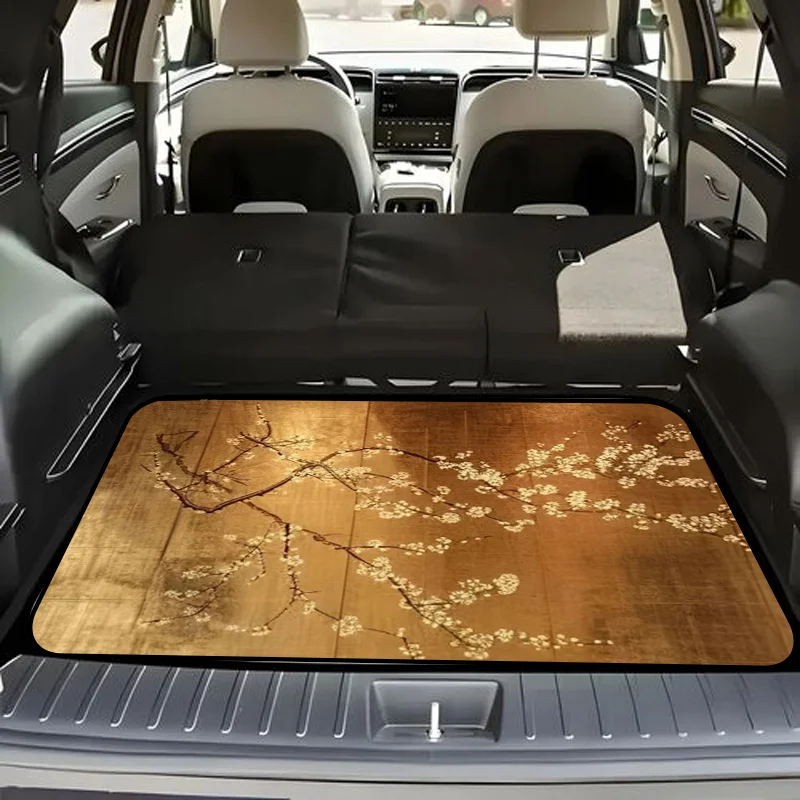 One Stylish Car Trunk Mat Featuring Elegant Branches With White Flowers On A Golden-Brown Textured Backdrop - Made From Durable