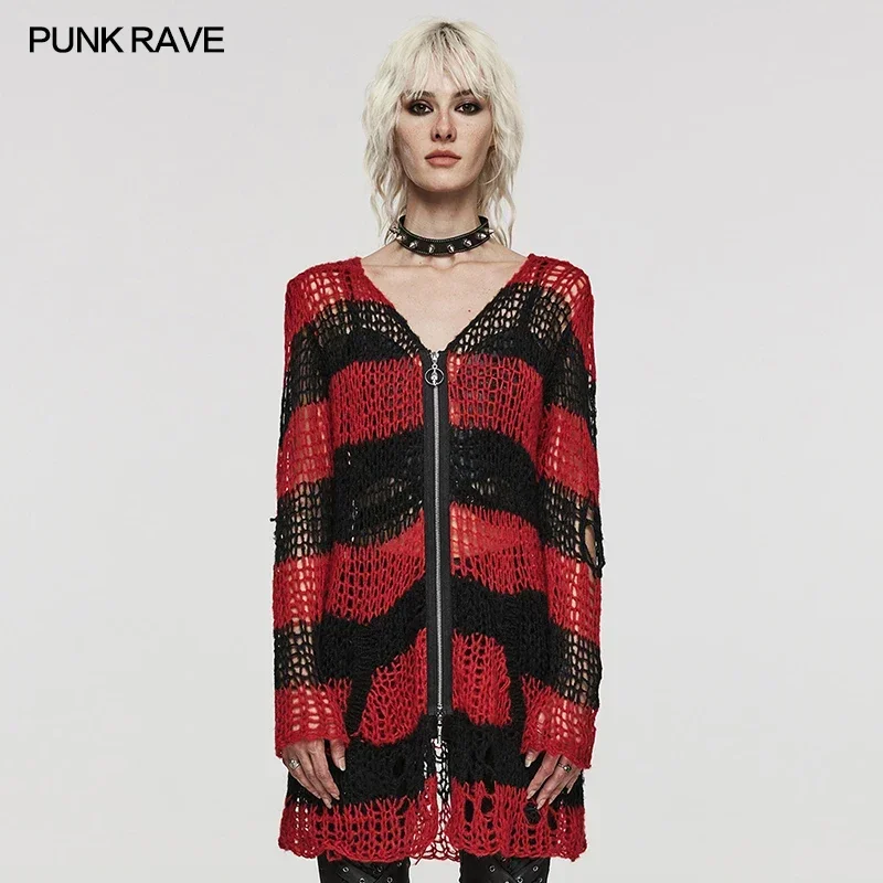 PUNK RAVE Women's Punk Style Irregular Personality Holes Striped Cardigan Sweater Fashion Casual Woven Soft Woo