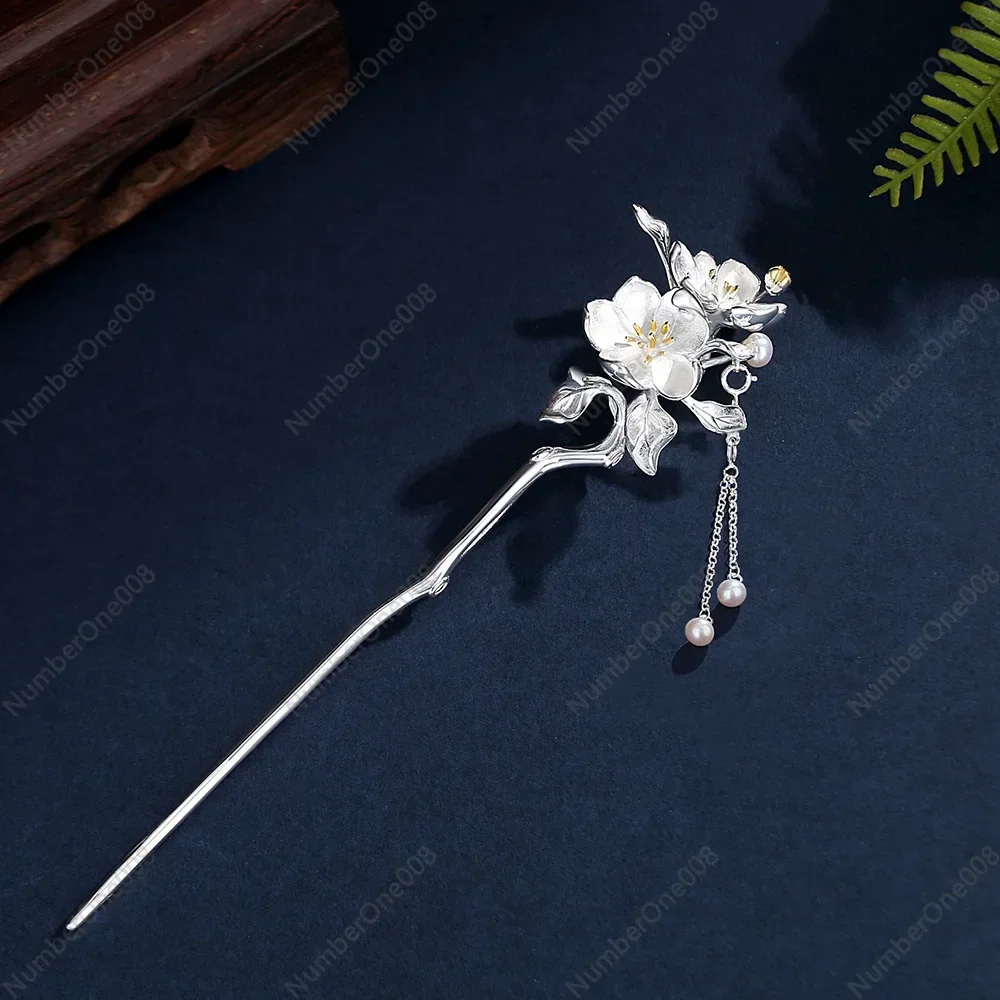 S925 Sterling Silver Pearl Fringed Hairpin New Chinese High-end Antique Hairpin Female