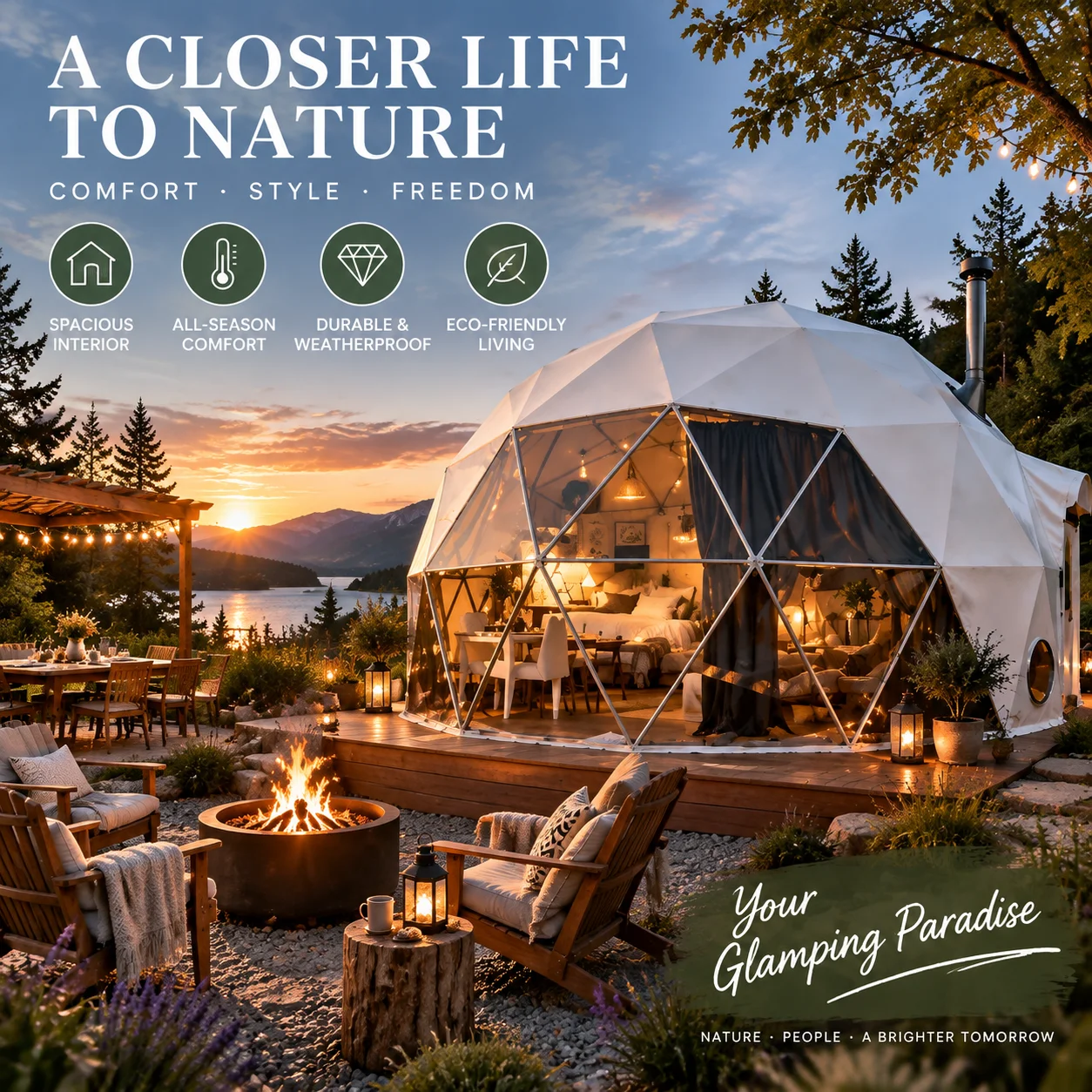 Luxury Outdoor Glamping Geodesic Dome Tent, Panoramic Star View Round House for Holiday Rental Summer Resort Hotel Vacation Use