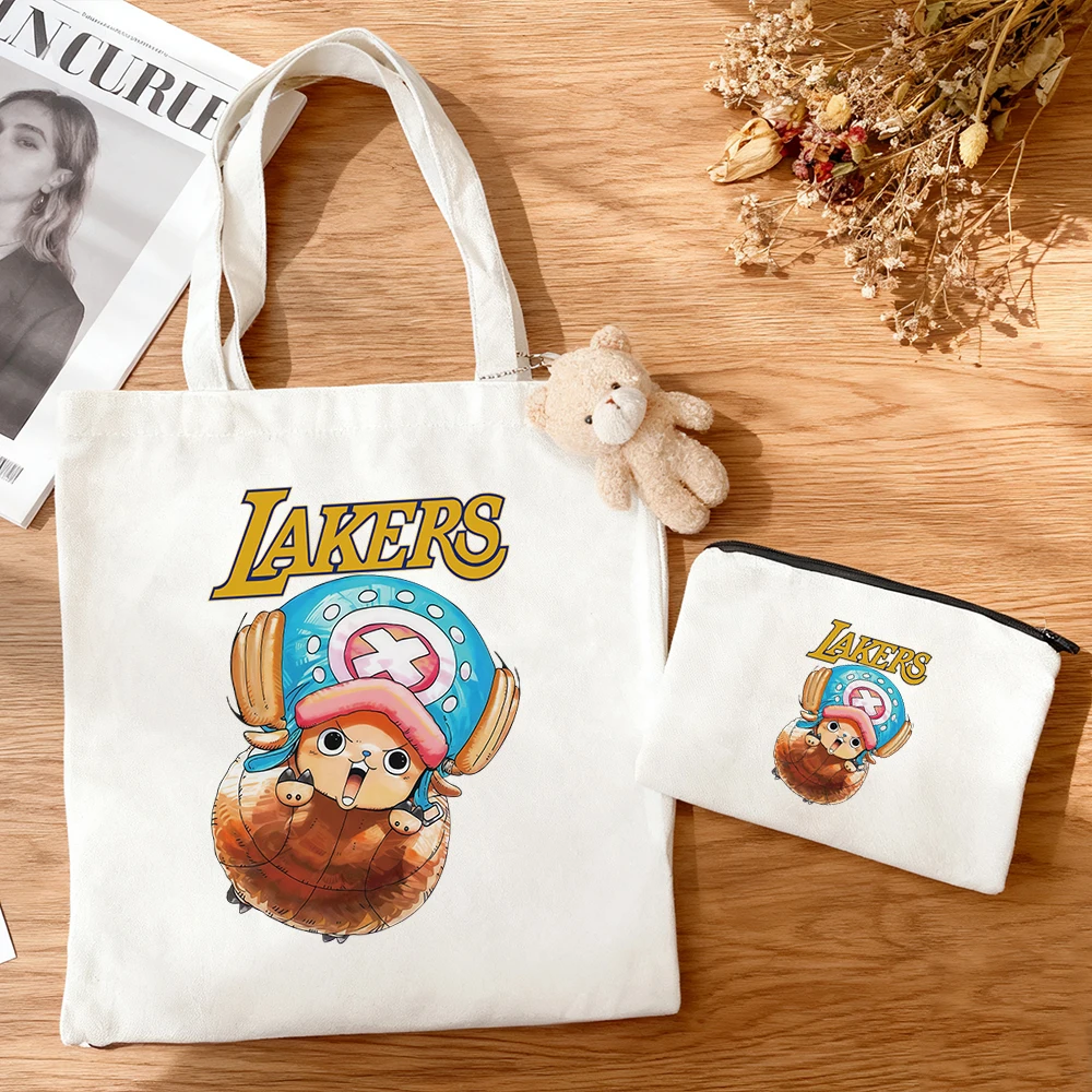 

One Piece Lakers Reusable Canvas Tote Bag 3 in 1 Set Large Capacity for School Shopping and Daily Use with Matching Pouch