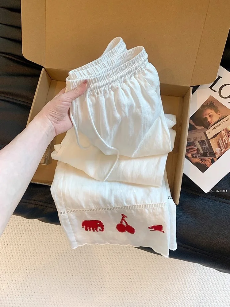 Pantaloni a Vita Alta e Gamba Larga da Donna, Casual in Cotone e Lino, Vestibilità Comoda, Elastico in Vita, Stampa Cartoon e Patchwork