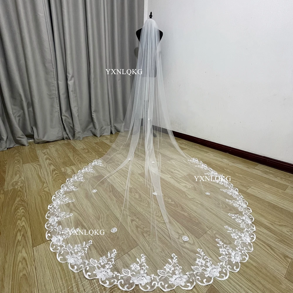 

Elegant Wedding Accessories Appliques Tulle Long Cathedral Wedding Veils Lace Edge 1T Bridal Veil 3 Meters Veu De Noiva