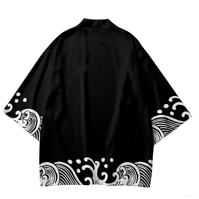 2025 Summer Style Wave Printed Kimono Men's Open Collar Role Playing Streetwear Black Top