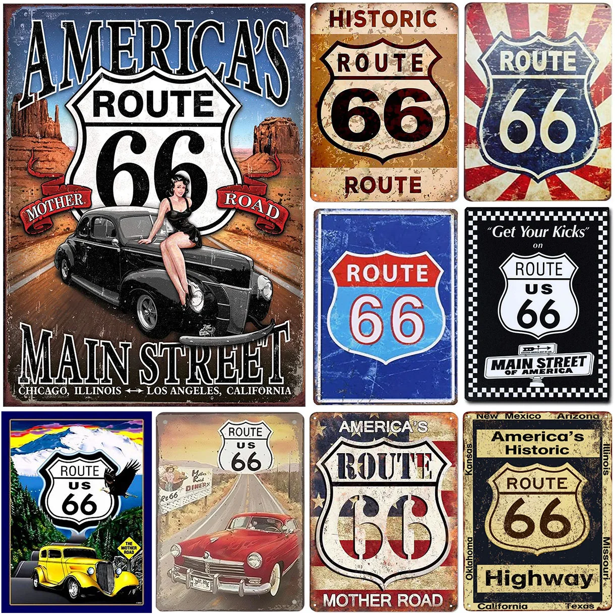 USA Route 66 Metal Tin Signs Wall Poster Plaque Warning Sign Vintage Iron Painting Decoration for Home Cafe Living Room Club Bar