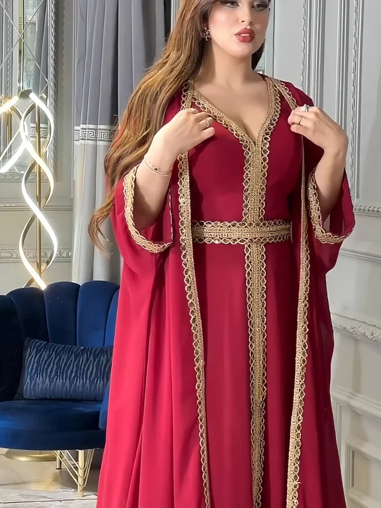 

Eid Muslim Party Dress for Women Abaya 2 Piece Set Chiffon Ramadan Long Dress Belt Kaftan Vestidos Largos Dubai Robe Jalabiya