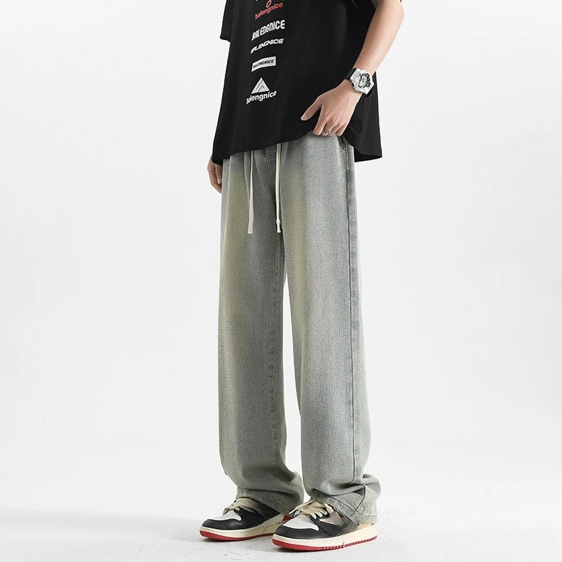 

Мужские повседневные модные свободные широкие брюки Four Seasons, прямые однотонные джинсовые брюки на шнурке, мужские простые джинсовые брюки, одежда