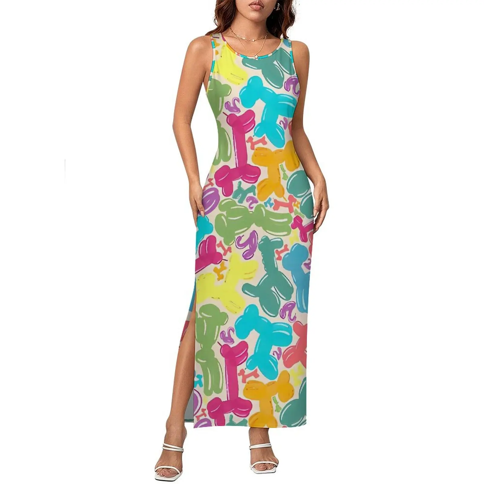 Vestido bodycon feminino bonito balão cães maxi vestidos verão animais impressão sem mangas estilo rua vestido gráfico 2xl 3xl 4xl