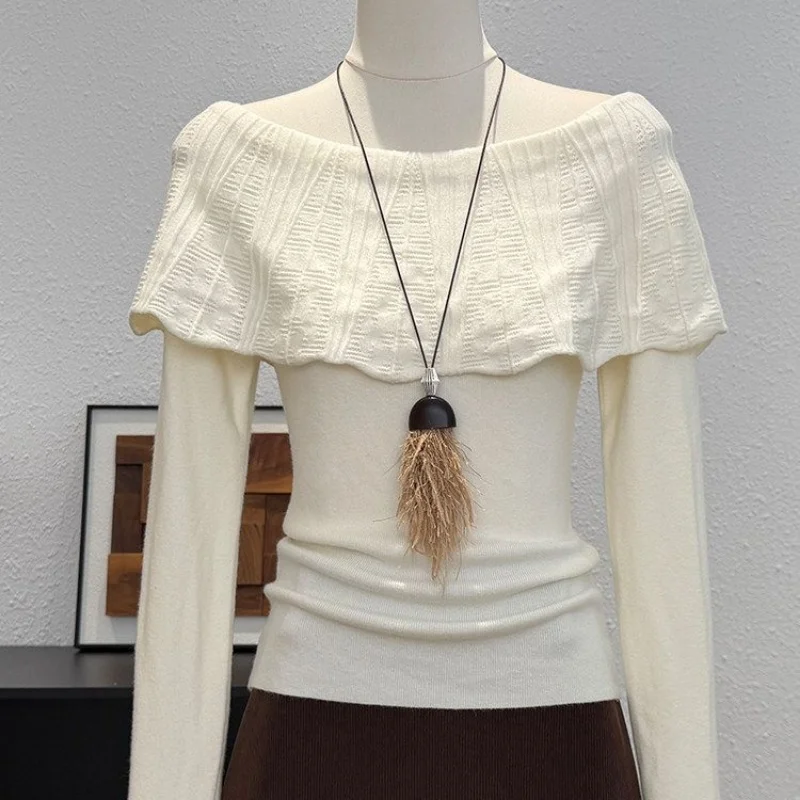Brown Off Shoulder Knit Sweater Long Sleeve Ruffled Top Slim Fit Pullover for Women Korean Style Spring Autumn Wear 4