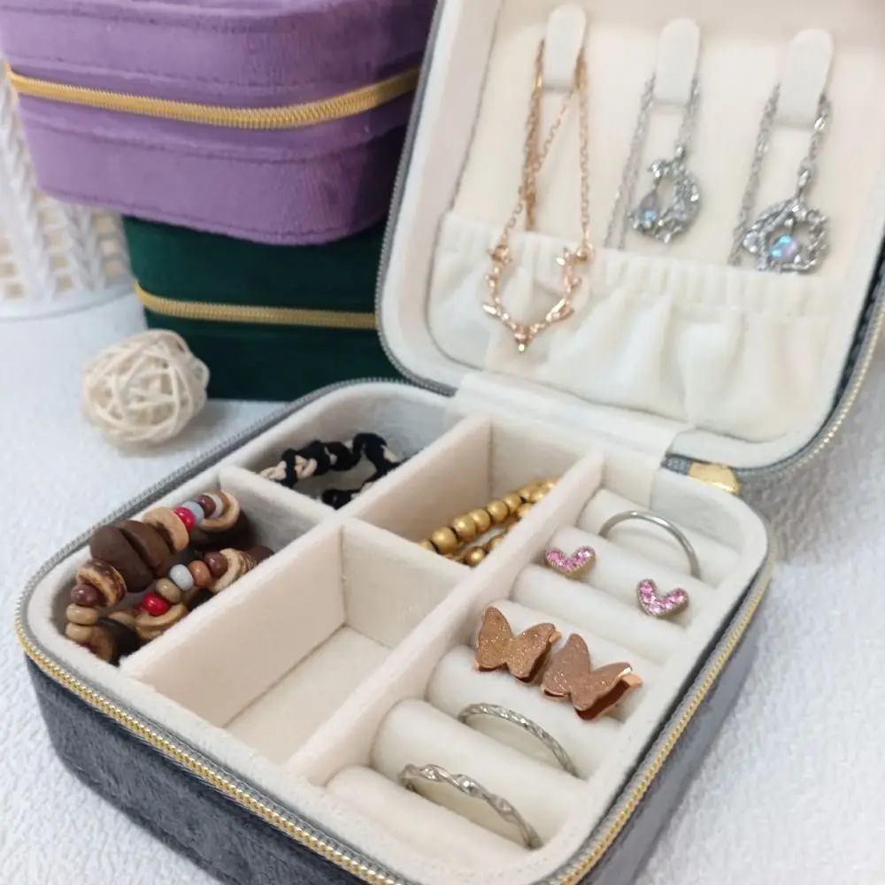 Portable Velvet Jewelry Box Zipper Closure Velvet Jewelry Storage Case Travel Jewelry Box Ring Earrings Organizer