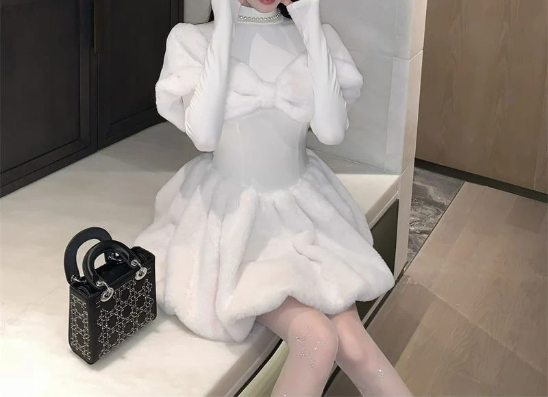 Sweet Temperament Bowknot Furry Patchwork Princess Dress Autumn New Christmas Waist-Slimming Flower Bud Fairy Short Dress