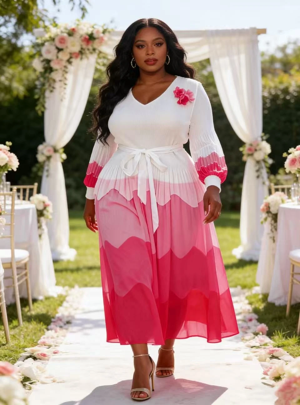 

Miyaki Plus-Size Dress Miyake Fashion Dress Casual Everyday Style Elegant Workwear Color-Blocking High-Elastic Long Dress with Floral Belt Waist-Slimming Effect