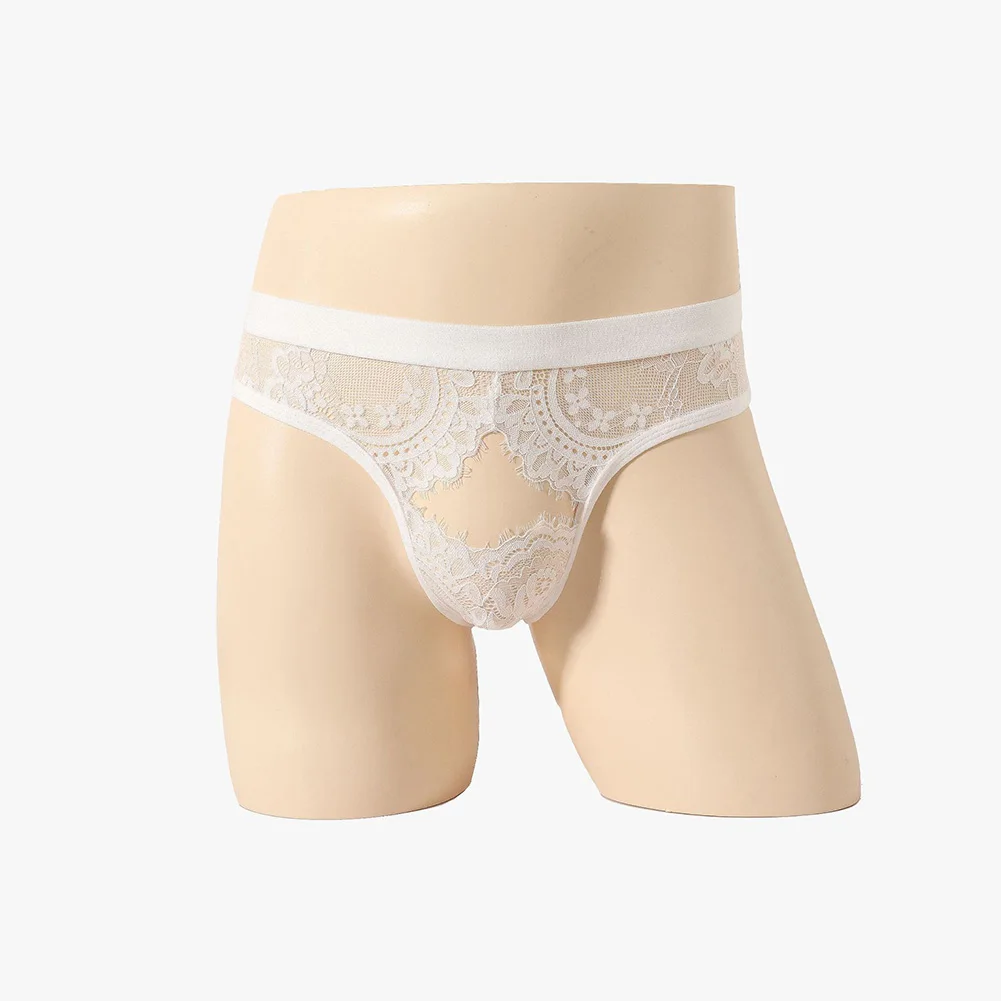 Men Sexy Jacquard Sissy Briefs Lace Sheer Lingerie Open Butt Ball Pouch Breathable Underwear Hollow Out Summer Men's Panties
